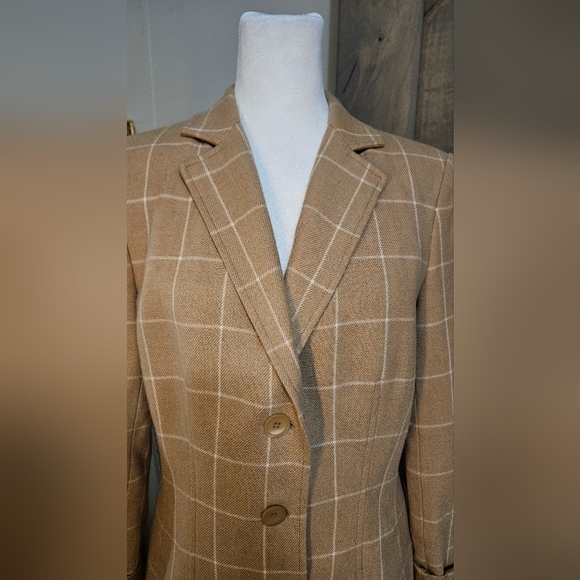 TALBOTS Vintage Wool Cashmere Tan Brown Plaid Windowpane Blazer Jacket. Size 8 - Picture 2 of 11